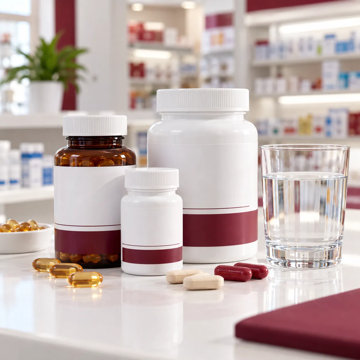 Frascos de vitaminas e suplementos